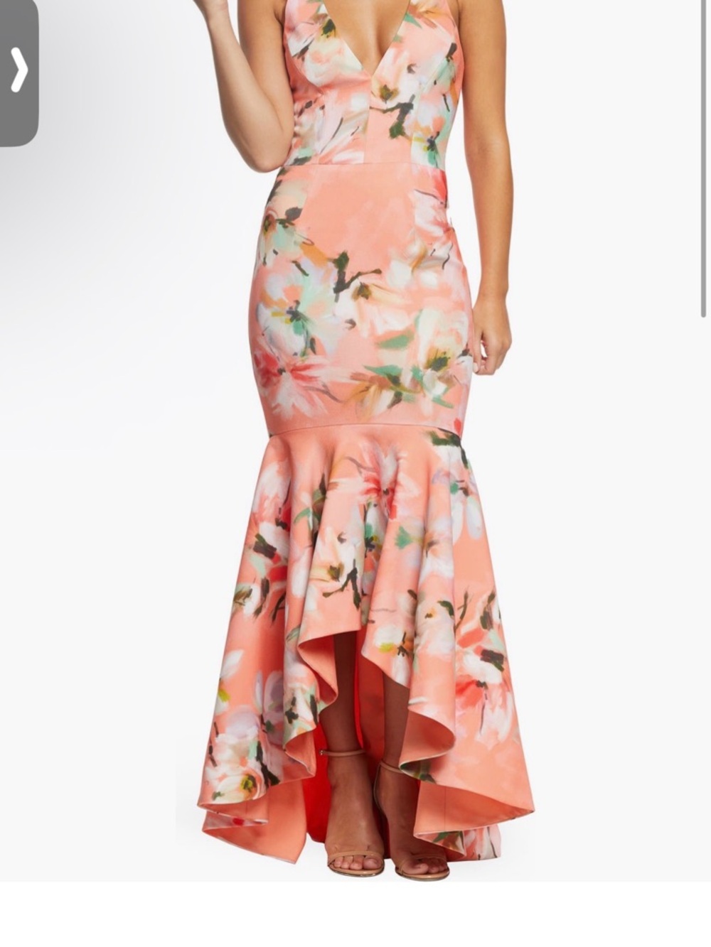 Dress the Population Peach Floral V-Neck Mermaid High-Low Dress
